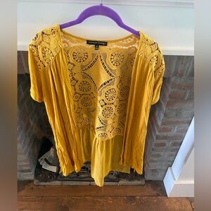 Womens Always Indigo Golden Rod Crochet Back Open Front Short Sleeve Cardigan M​